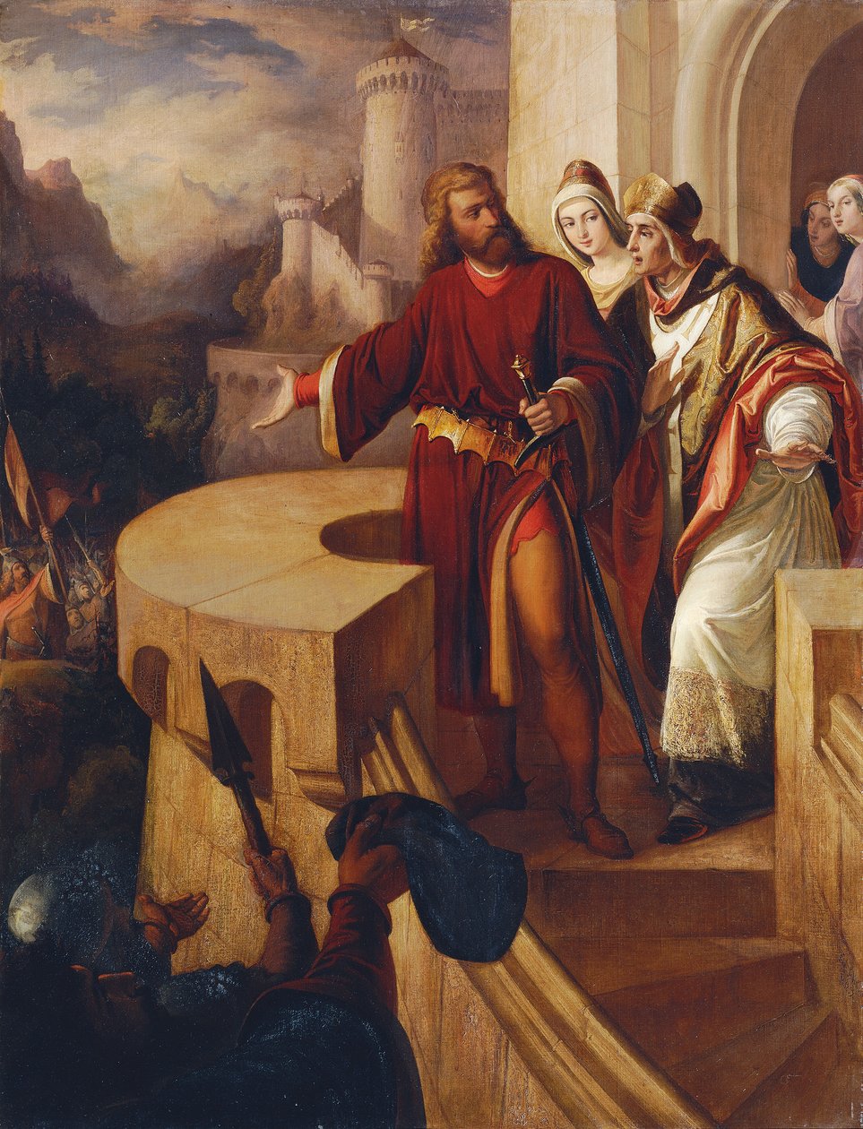 Radbot, Graf von Habsburg zeigt seinem Bruder Bischof Werner seine bewaffneten Getreuen   1349346   hu       hungarian Successfully Translated  Original: I did but see her passing by and yes I love her till I die, illustration from The Book of Old English  alkotó: Ferdinand Schubert