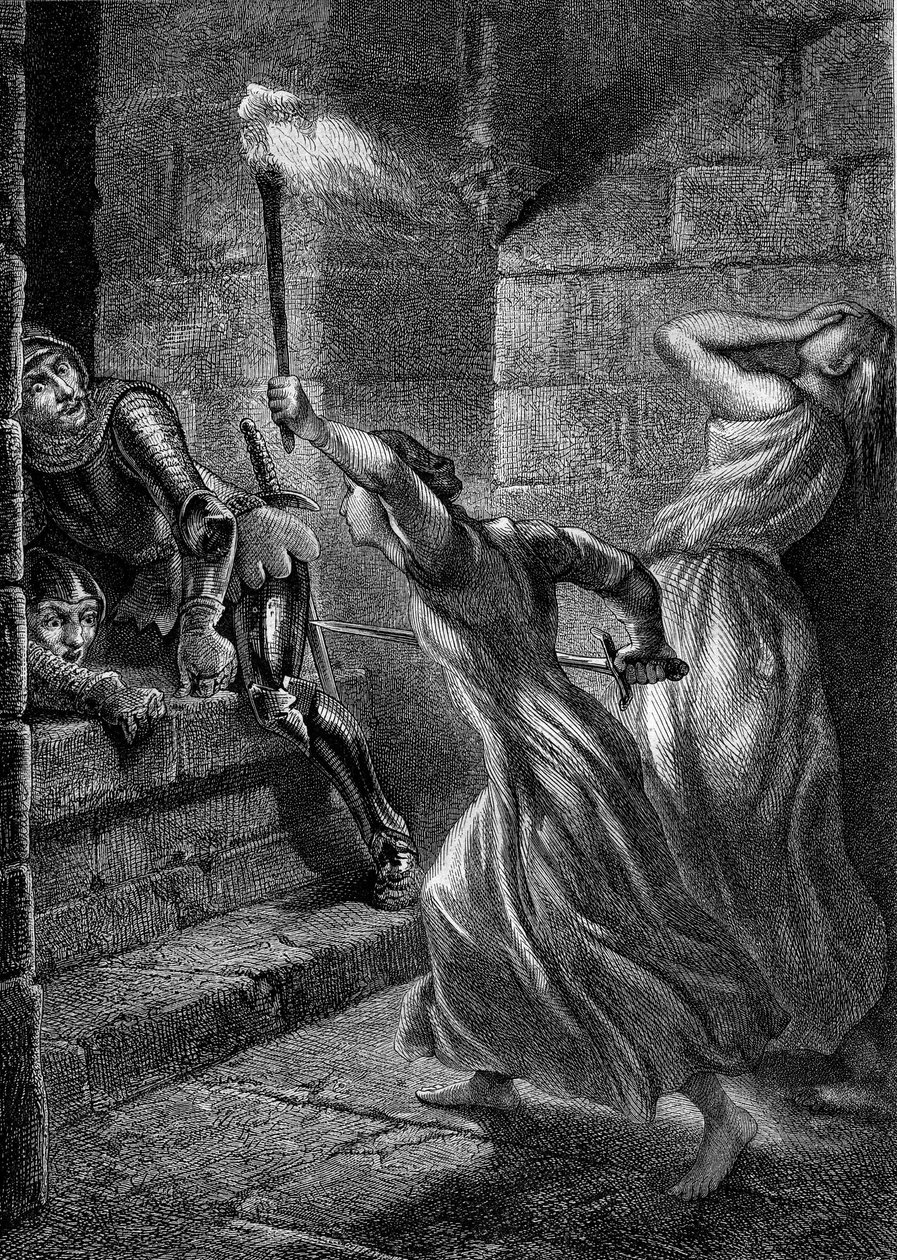 Hősiesség: Julienne Du Guesclin, Bertrand Duguesclin nővére disznót ragadott, hogy visszaverje a Pontorson kastélyt megszállni próbáló angol katonákat. 14. század. Eugene Delacroix metszete 1864-ből. alkotó: Ferdinand Victor Eugene (after) Delacroix