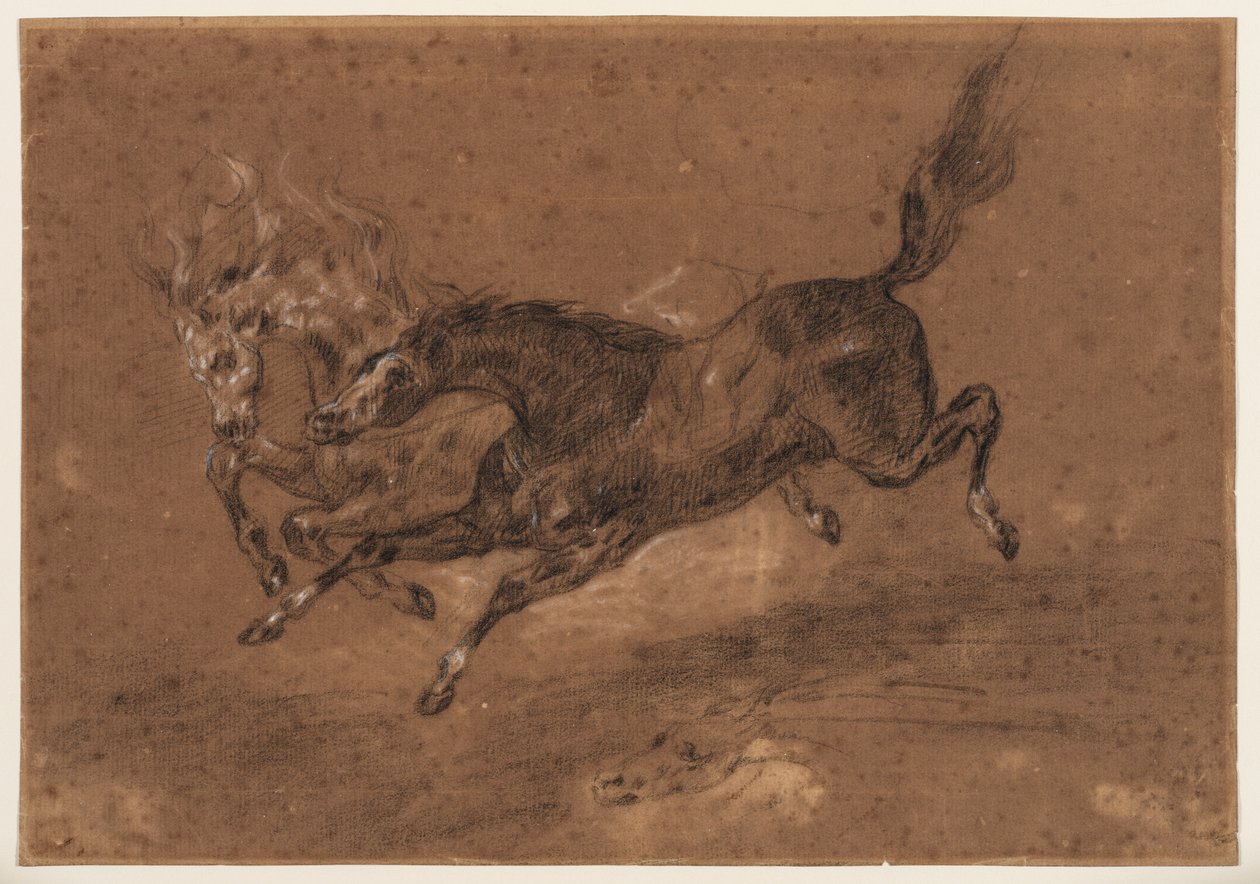 Futó lovak (előlap); szakállas férfi, ülve (hátlap), 1800-1899 körül (fekete-fehér kréta (előlap), fekete-fehér kréta és barna mosás (hátlap), barna színű, előkészített hordozott papírra). alkotó: Ferdinand Victor Eugene (follower of) Delacroix
