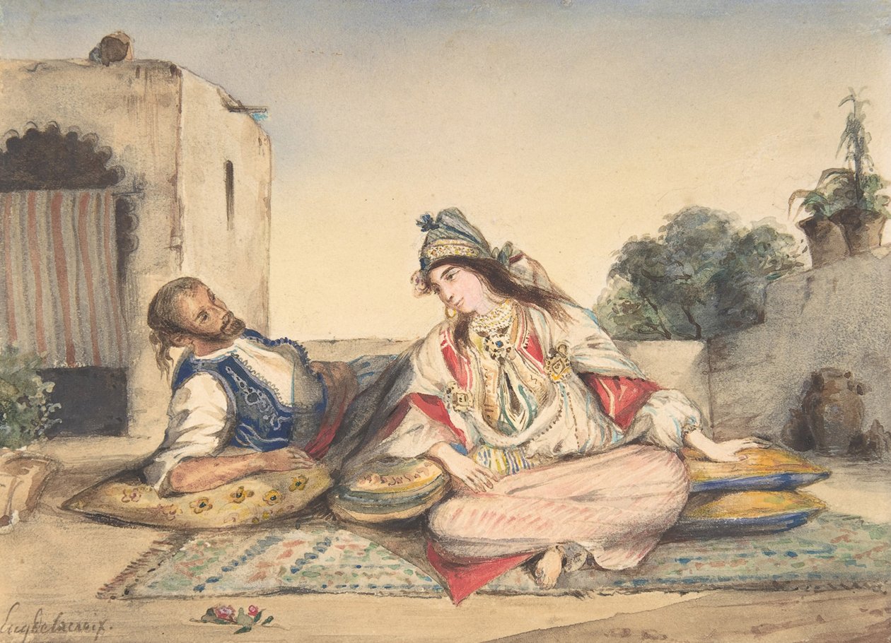 Egy mór házaspár a teraszukon, 1832 (wc grafit fölött, szőtt papíron) alkotó: Ferdinand Victor Eugene Delacroix