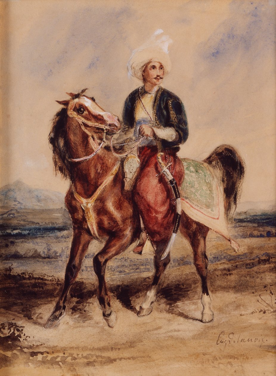 Arab harcos lóháton tájképben (akvarell, papír) alkotó: Ferdinand Victor Eugene Delacroix