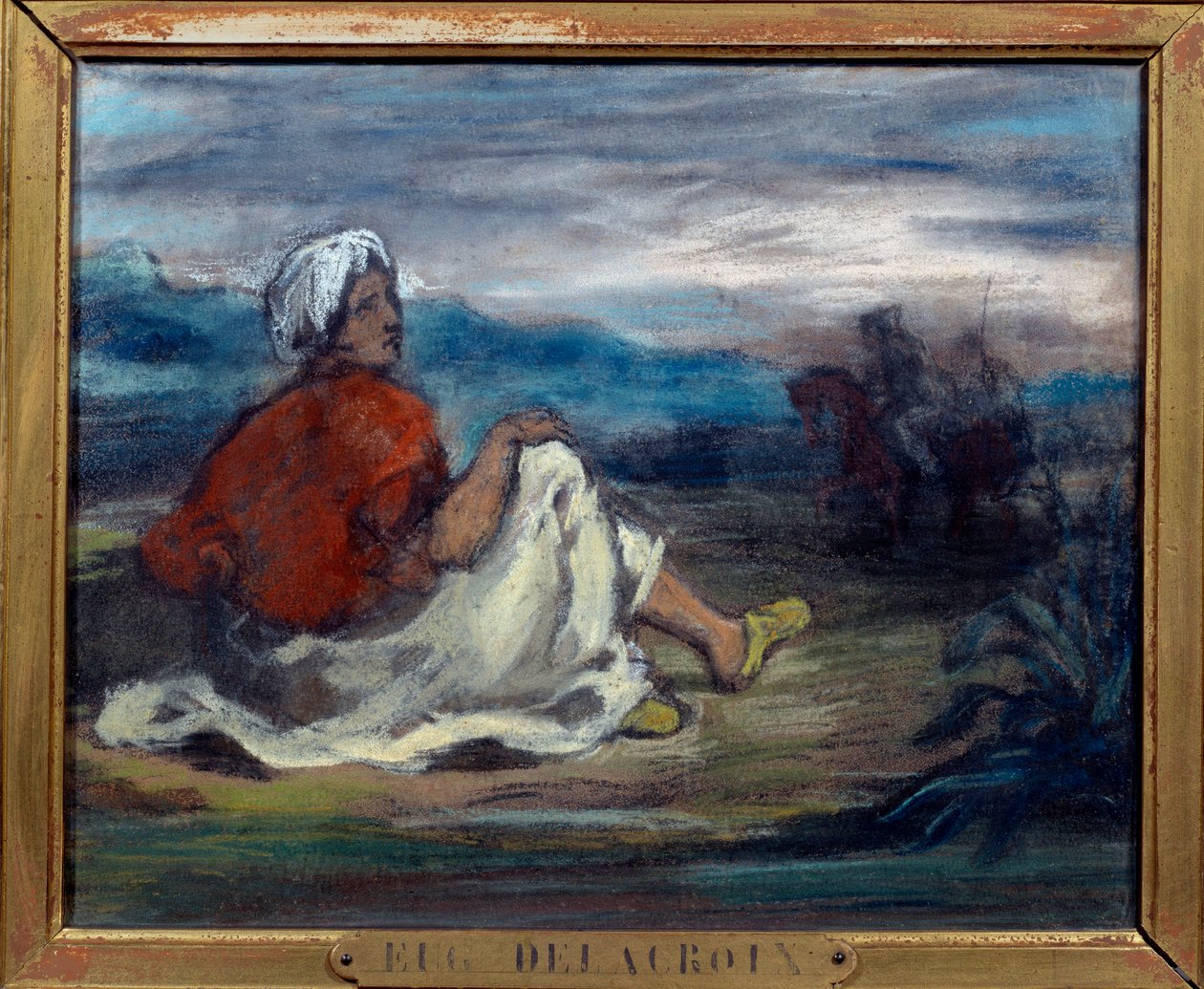 Egy arab vidéken ül az út szélén Eugene Delacroix (1798-1863) pasztellfestménye 19. századi magángyűjtemény alkotó: Ferdinand Victor Eugene Delacroix
