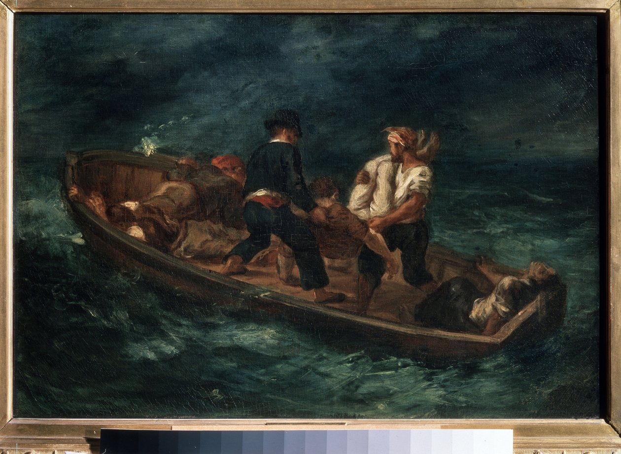 „Hajótörés után” (más néven „Elhagyott hajóroncsok egy kenuban”) Hajótörés túlélői egy tutajon. Eugene Delacroix (1798-1863) festménye 1847 Puskin Szépművészeti Múzeum, Moszkva alkotó: Ferdinand Victor Eugene Delacroix