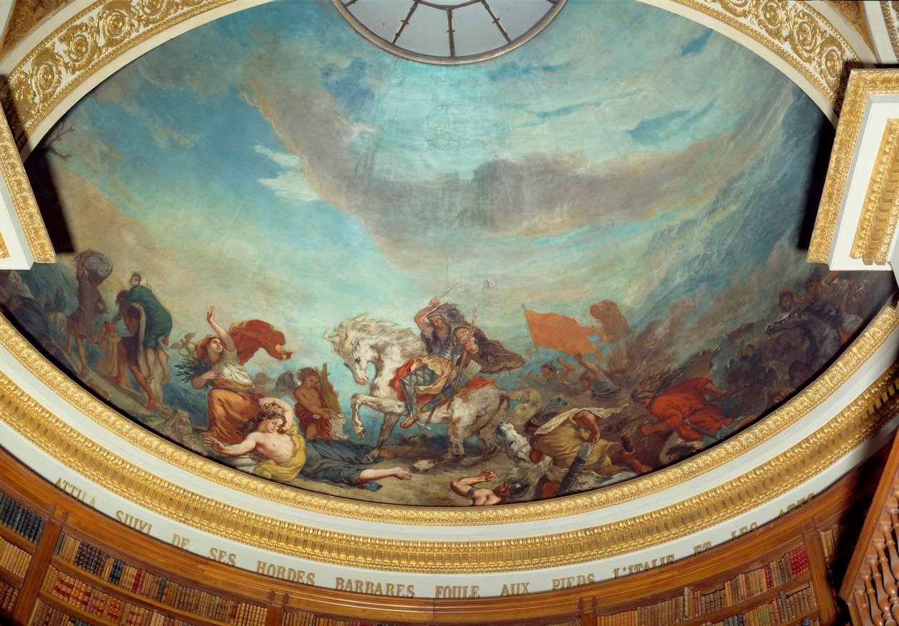 Attila (395-453) a hun törzs főnöke, majd barbár hordái népesítették be Olaszországot 452 Eugene Delacroix (1798-1863) freskója a Nemzetgyűlés könyvtárának kupolájának díszítésében (Palais Bourbon) 1843 Párizs alkotó: Ferdinand Victor Eugene Delacroix