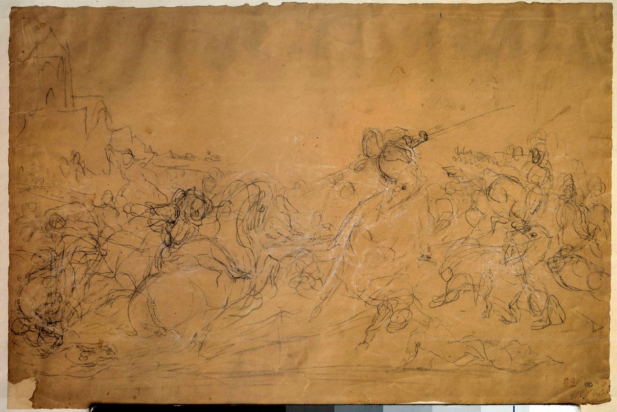Csatajelenet, rajz lazacpapírra, Eugene Delacroix (1798-1863) 19. századi nap. 0,30 X 0,45 m. Párizs, Louvre Múzeum alkotó: Ferdinand Victor Eugene Delacroix