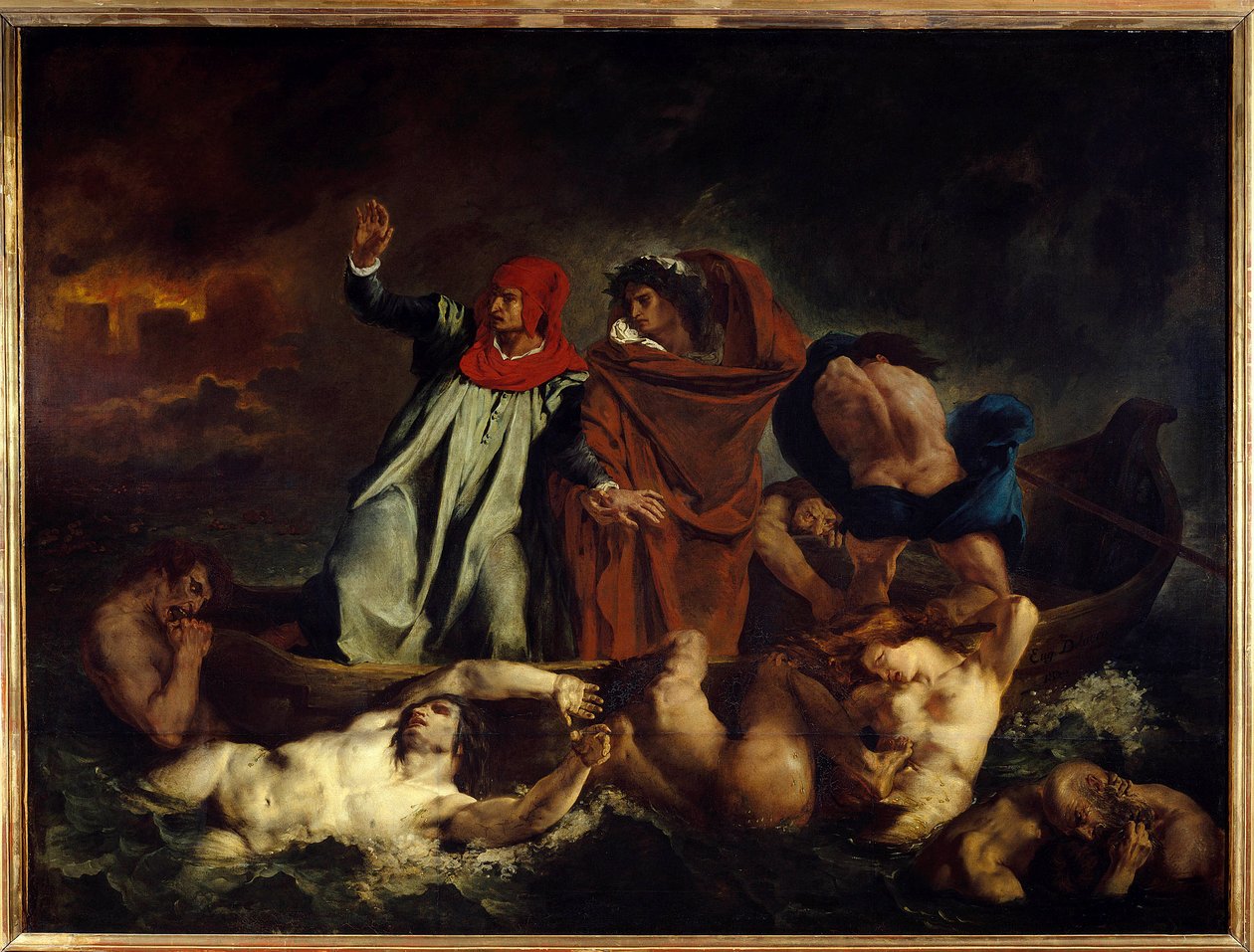 Dante és Vergilius vagy Dante Barque Illusztrációja az „Isteni színjáték” (Divina Commedia) VIII. énekéhez Dante Alighieri (1265-1321) Eugene Delacroix (1798-1863) festménye 1822 V. 1,89 x 2,41 m Párizs. Louvre múzeum alkotó: Ferdinand Victor Eugene Delacroix