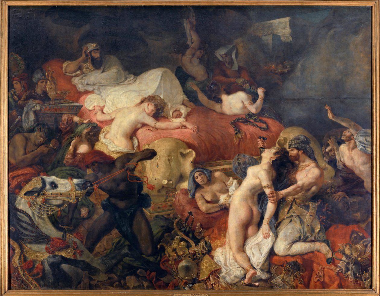 Sardanapale halála. Sardanapale, az asszír király ostromát a felkelők ostromolták le, és feleségét és lovait lemészárolták, mielőtt öngyilkos lett. Eugene Delacroix festménye (1798-1863) alkotó: Ferdinand Victor Eugene Delacroix