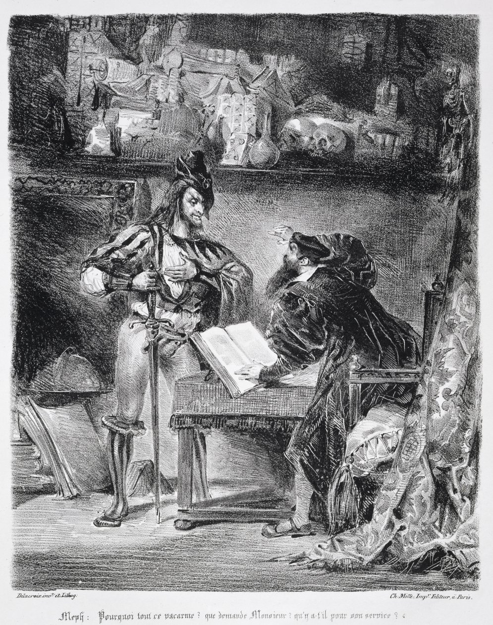 Faust és Mephistopheles első találkozása: „Miért ez a zaj”, Goethe Faustja, 1828, (illusztráció) (bw fotó a litográfiáról) alkotó: Ferdinand Victor Eugene Delacroix