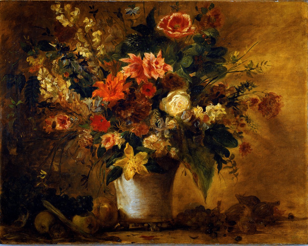Virágok és gyümölcsök Virágcsokor egy gres vázában. Eugene Delacroix (1798-1863) festménye 1843 kb. Nap. 74x93 cm Bécsi Kunsthistorisches Museum, Neue Gallery alkotó: Ferdinand Victor Eugene Delacroix