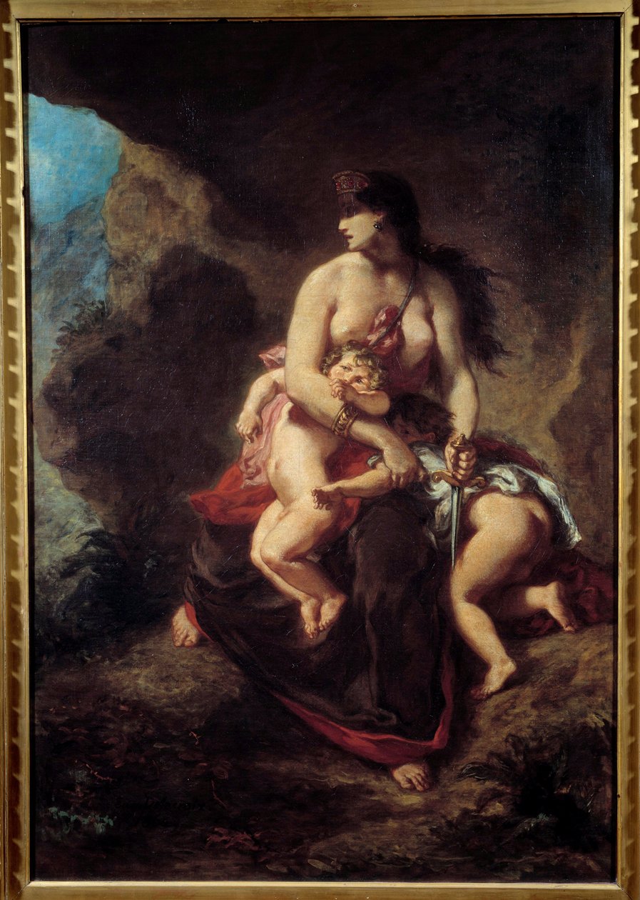 A dühös Medee Medee meggyilkolja két gyermekét egy barlangban. Eugene Delacroix festménye (1798-1863) alkotó: Ferdinand Victor Eugene Delacroix