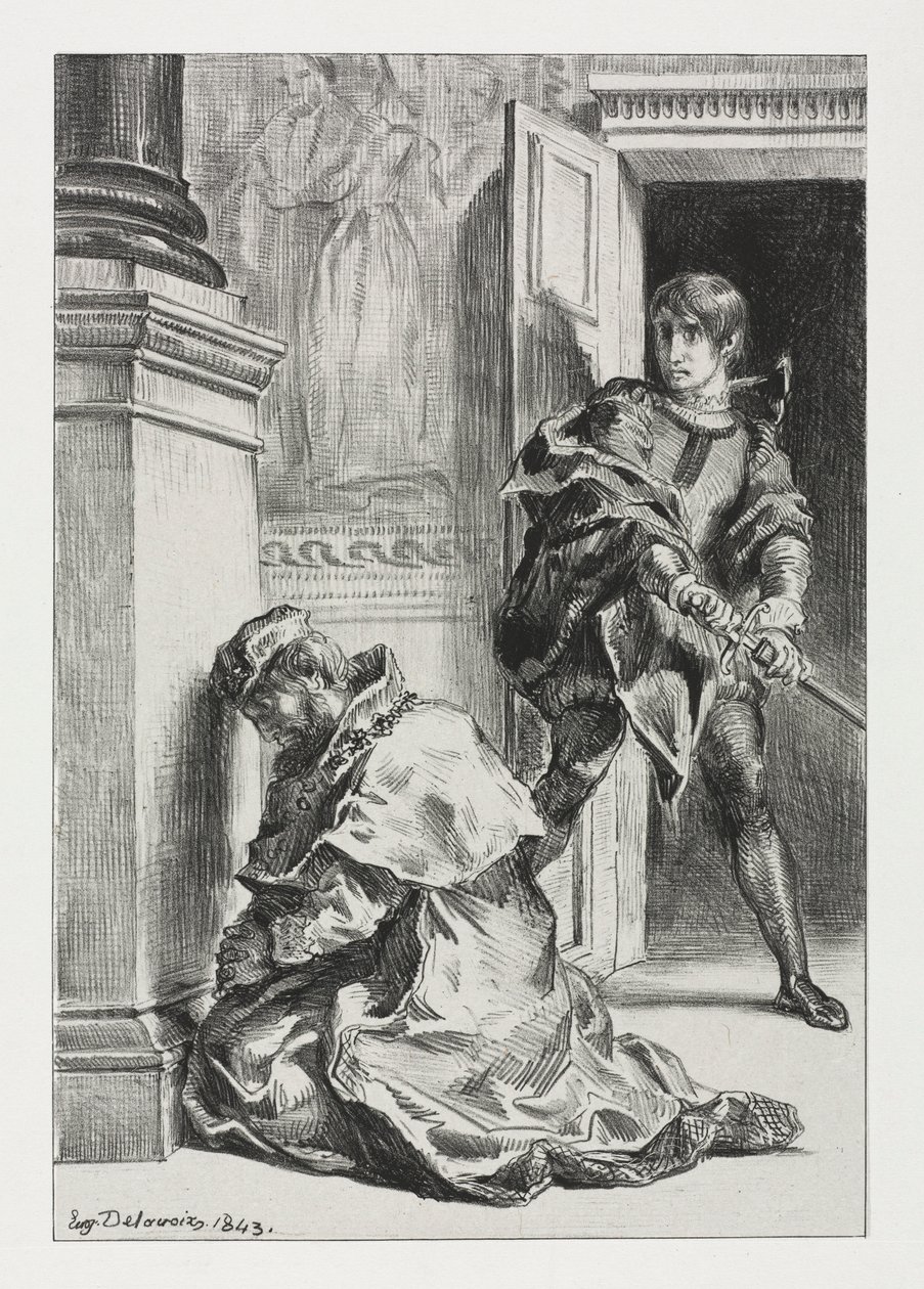 Hamlet: Hamlet kísérletei megölni a királyt, 1843. alkotó: Ferdinand Victor Eugene Delacroix