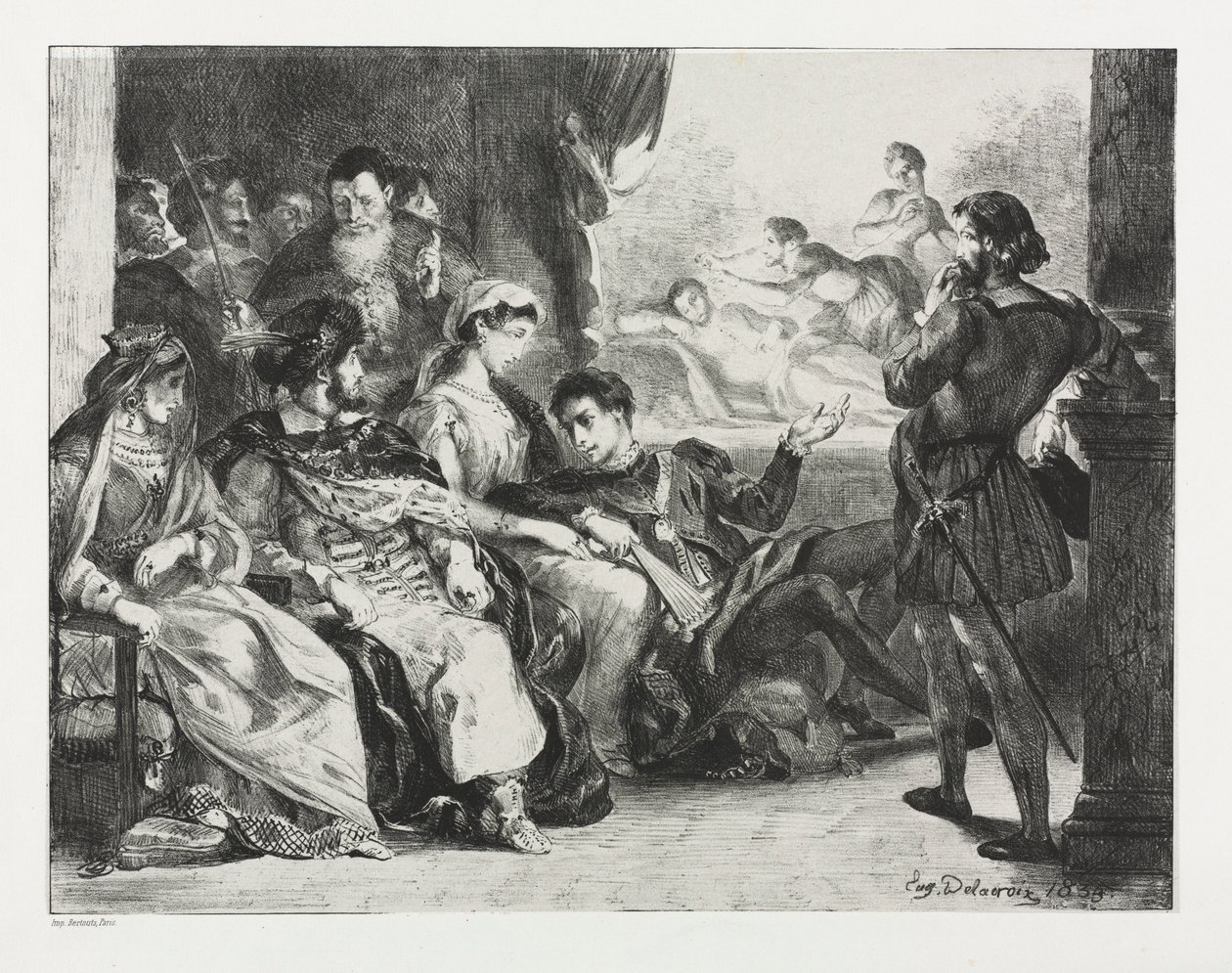 Hamlet: Hamlet megparancsolja a színészeknek, hogy készítsenek egy jelenetet az apja megmérgezéséből, 1834. alkotó: Ferdinand Victor Eugene Delacroix