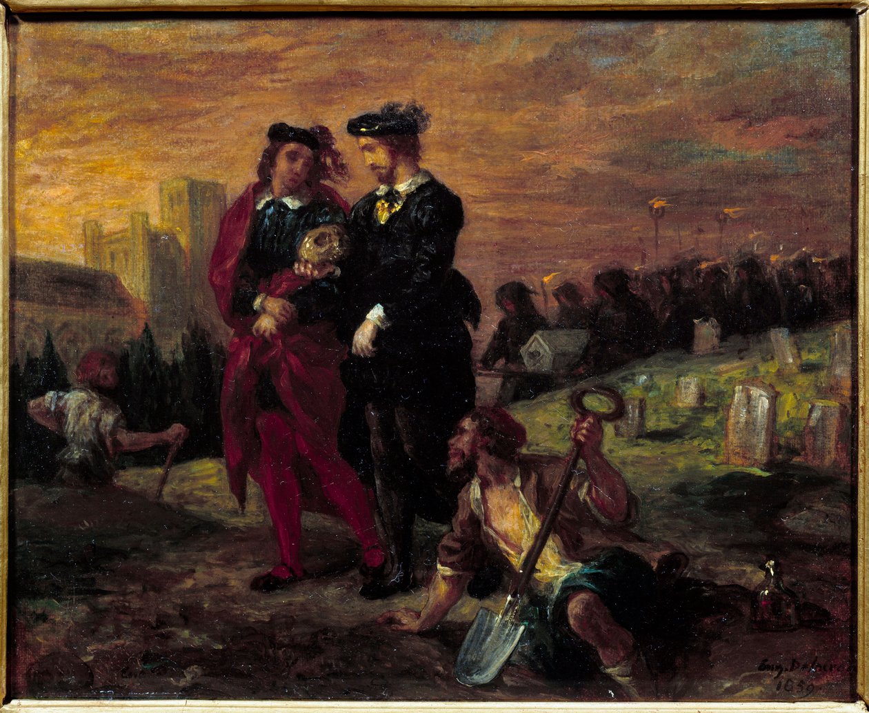 Hamlet és Horatio a temetőben. William Shakespeare „Hamlet” című drámájának V. felvonása. Eugene Delacroix festménye (1798-1863) Ec. Fr. alkotó: Ferdinand Victor Eugene Delacroix