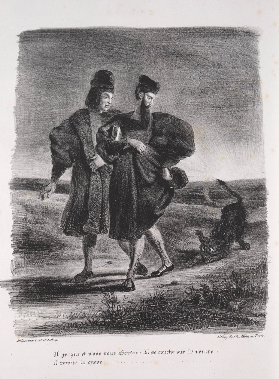 Illusztrációk Fausthoz: Faust, Méphistophélé és a barbet, 1828. alkotó: Ferdinand Victor Eugene Delacroix