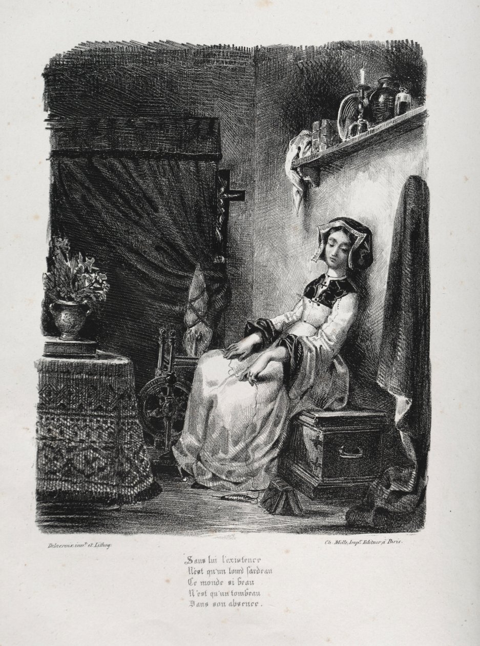 Illusztrációk Fausthoz: Marguerite a kerékkel, 1828. alkotó: Ferdinand Victor Eugene Delacroix