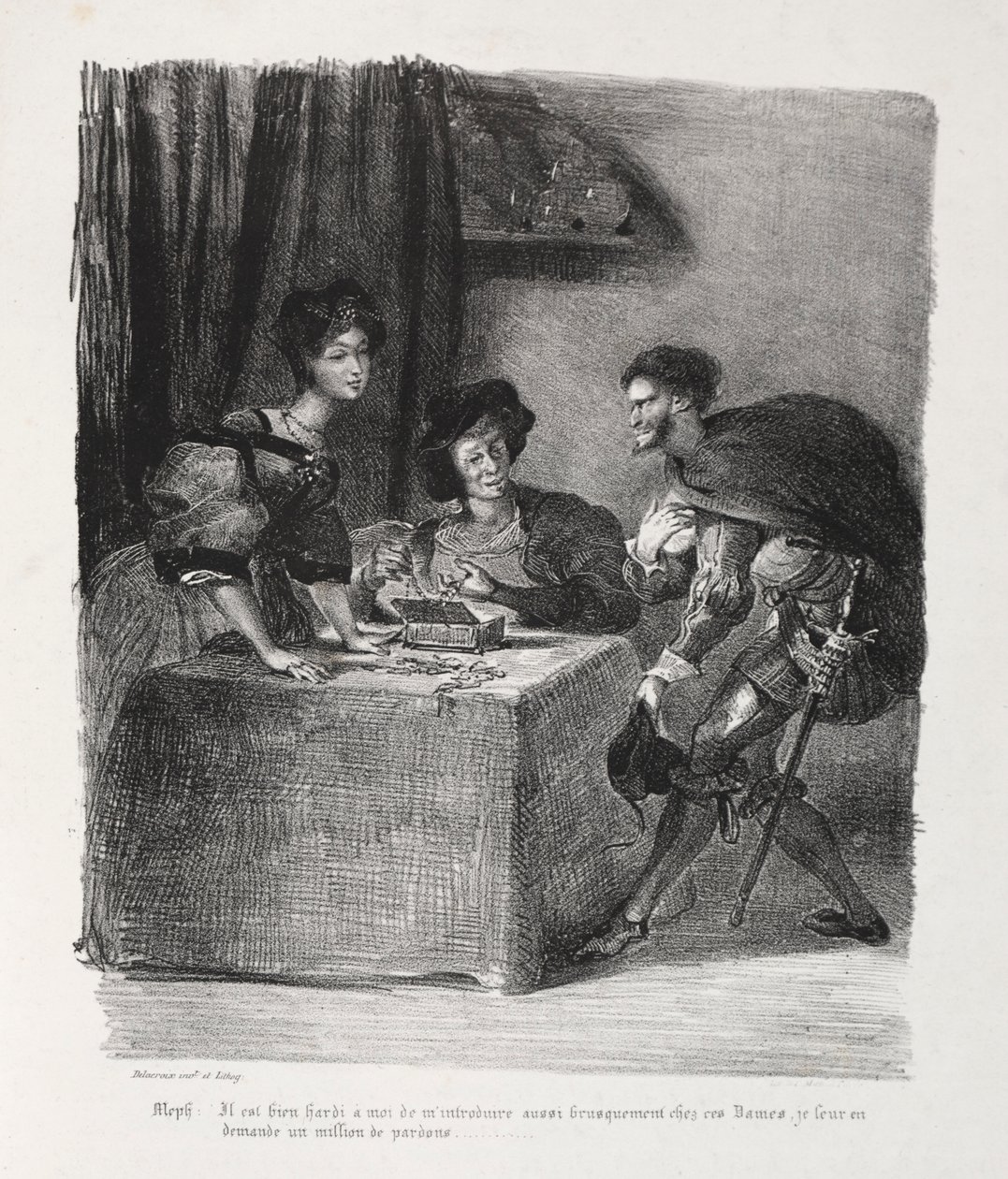 Illusztrációk Fausthoz: A Méphistophelés Marthe-nál van, 1828. alkotó: Ferdinand Victor Eugene Delacroix