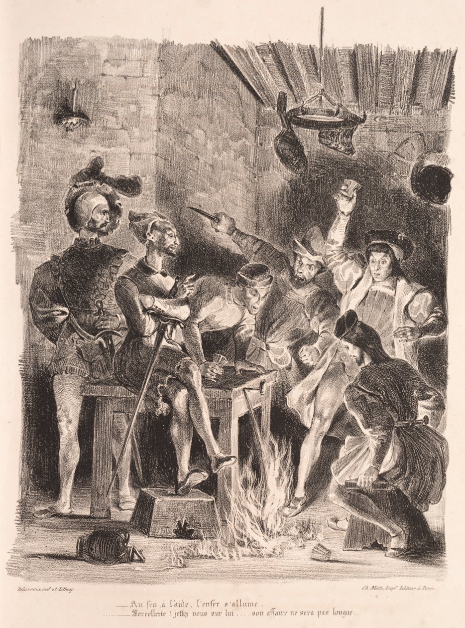 Illusztrációk Fausthoz: Méphistophélés a diákok kocsmájában, 1828. alkotó: Ferdinand Victor Eugene Delacroix