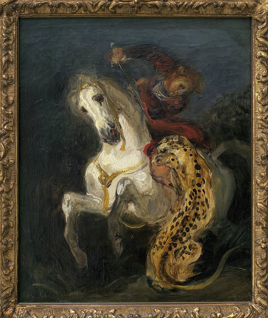 Jaguár támad egy lovast. Eugene Delacroix (1798-1863) festménye, Olaj, vászon alkotó: Ferdinand Victor Eugene Delacroix