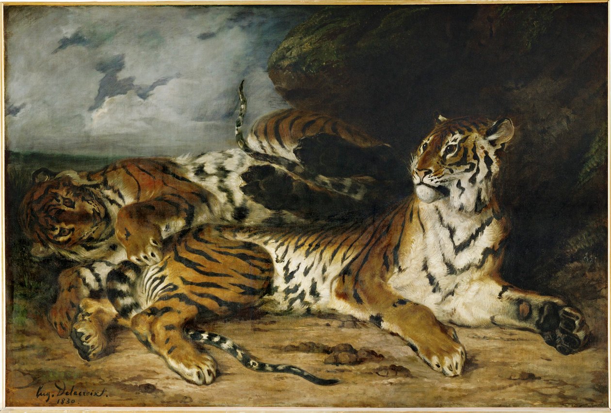 Fiatal tigris játszik az anyjával ... alkotó: Ferdinand Victor Eugene Delacroix
