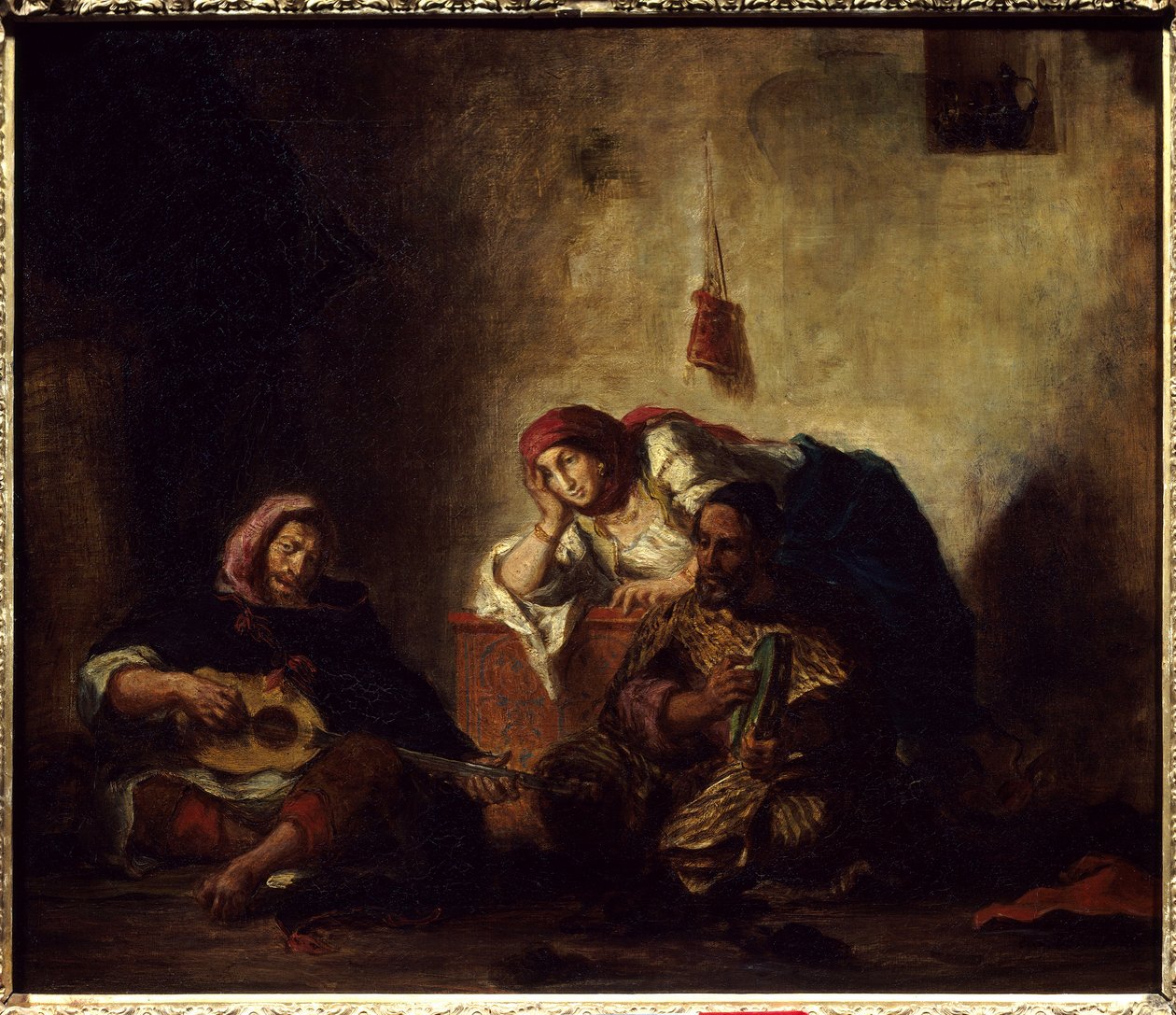Zsidó zenészek Mogadorban (Essaouira korábbi neve) Marokkóban Eugene Delacroix festménye 1798-1863) 1847 V. 0,46x0,55 m Párizs, Musee du Louvre. alkotó: Ferdinand Victor Eugene Delacroix