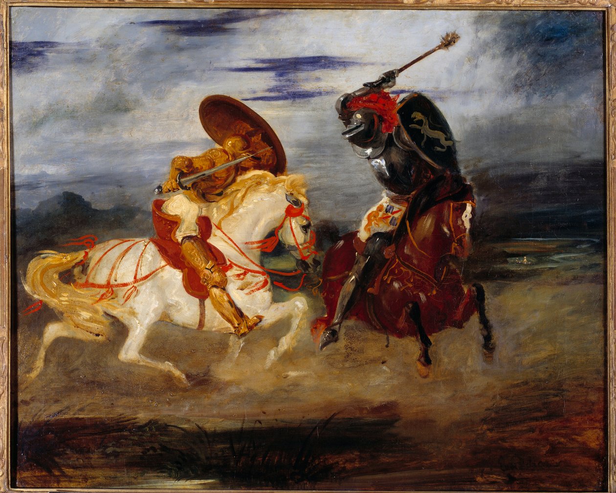 Lovagok harcolnak a vidéken. Eugene Delacroix festménye (1798-1863) alkotó: Ferdinand Victor Eugene Delacroix