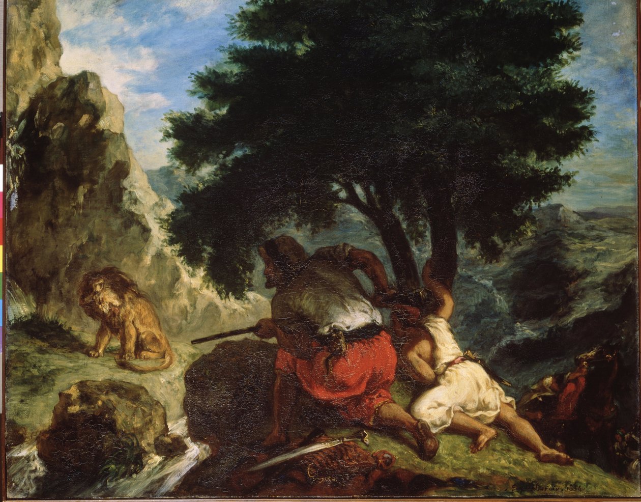 ""Oroszlánvadászat Marokkóban"" (Oroszlánvadászat Marokkóban) Eugene Delacroix (1798-1863) festménye 1854 Orientalizmus Méret: 74x92 cm Ermitázs Múzeum, Szentpétervár alkotó: Ferdinand Victor Eugene Delacroix