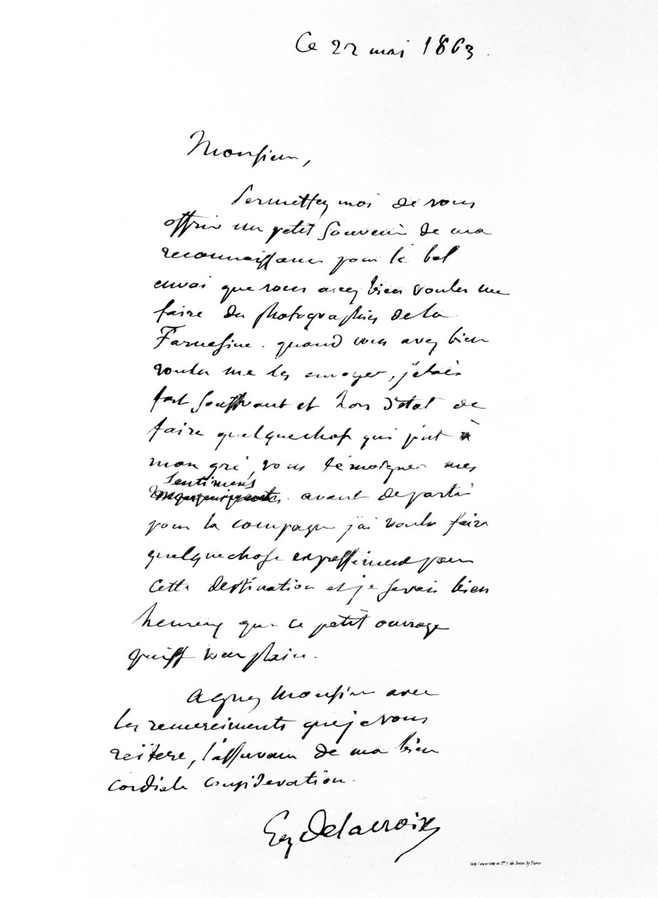 Eugene Delacroix francia romantikus művész által aláírt levél, 1863 alkotó: Ferdinand Victor Eugene Delacroix