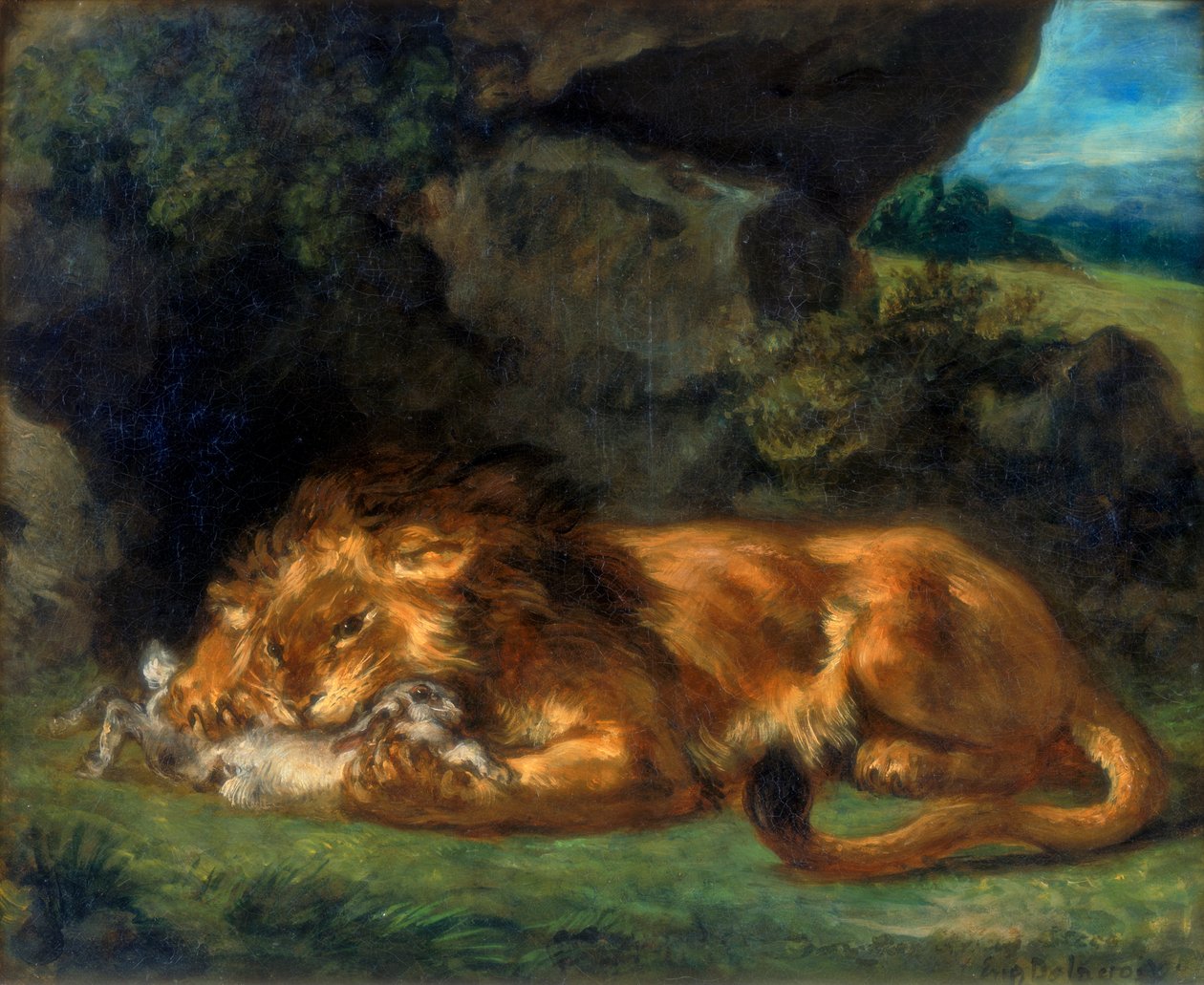 Oroszlán felfal egy nyulat, 19. század alkotó: Ferdinand Victor Eugene Delacroix