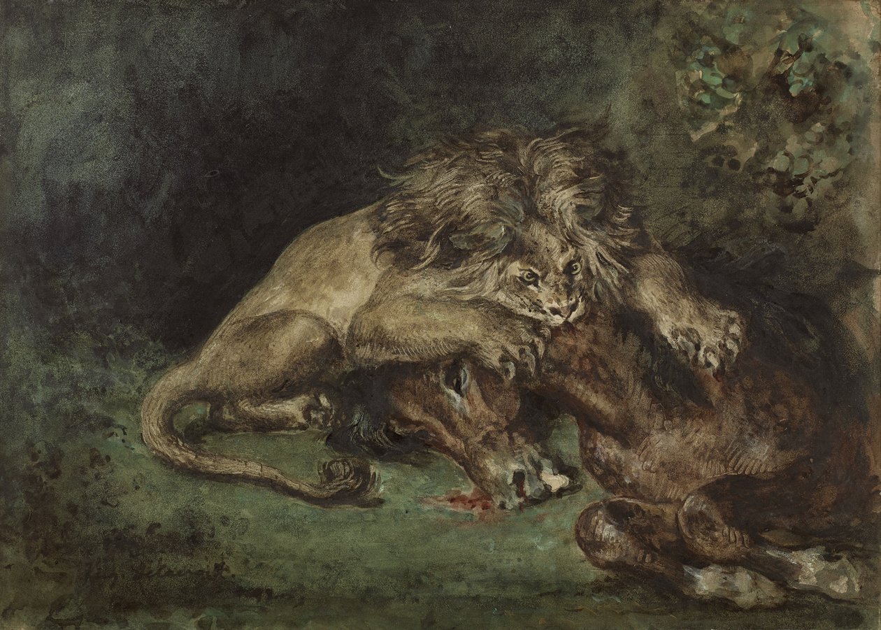 Lion dévorant un cheval (Lófaló oroszlán), c. 1844 (akvarell, testfesték oand gumiarab grafittal papíron, táblára szerelve) alkotó: Ferdinand Victor Eugene Delacroix