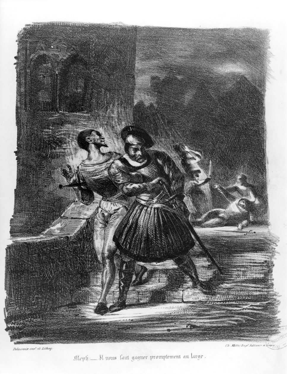 Mefisztó és Faust megszökése Valentin halála után, Goethe Faustjából, 1828, (illusztráció), (bw fotó litográfia) alkotó: Ferdinand Victor Eugene Delacroix