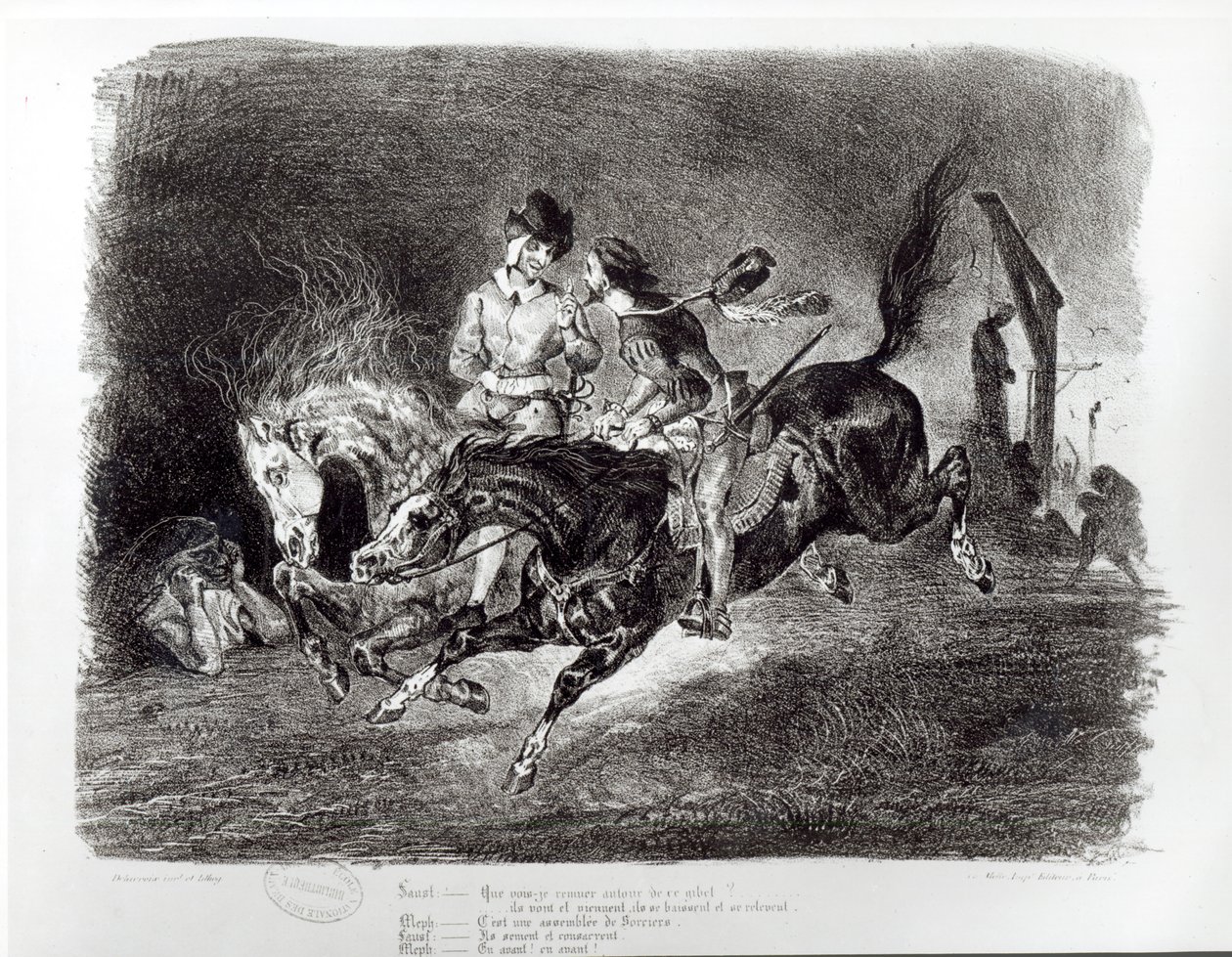 Mefisztó és Faust lovaglás az éjszakában, Goethe illusztrációja Fausthoz, 1828 alkotó: Ferdinand Victor Eugene Delacroix