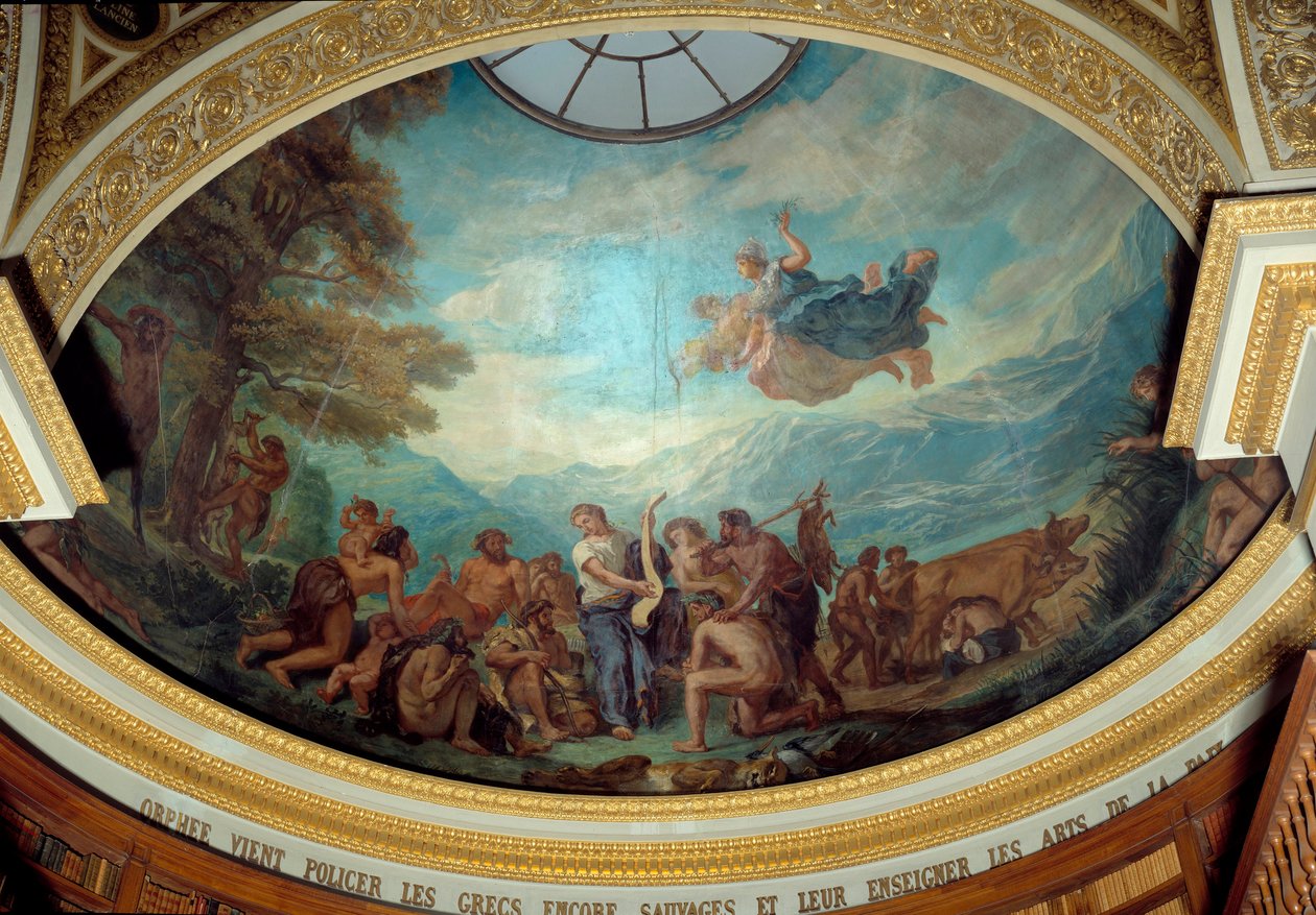 Orphee a még mindig vad görögökre jön, és a béke művészetét tanítja. Eugene Delacroix (1798-1863) freskója a Nemzetgyűlés könyvtárának kupoláját díszíti (Palais Bourbon) 1843 Párizs alkotó: Ferdinand Victor Eugene Delacroix