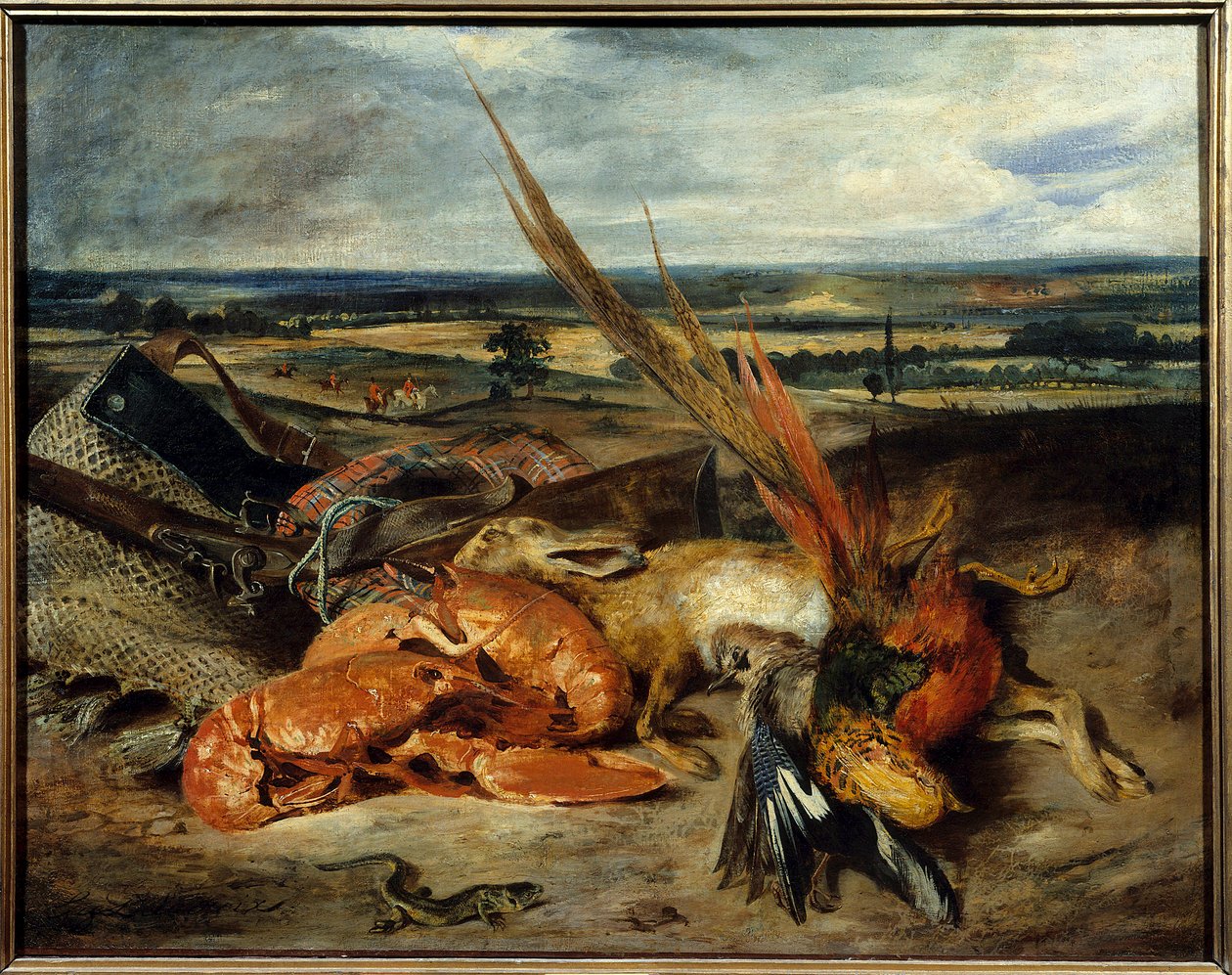 Csendélet festménye homárral, valamint vadászat és halászat trófeái Eugene Delacroix festménye (1798-1863) 1827 V. 0,80 x 1,06 m Párizs. Louvre múzeum alkotó: Ferdinand Victor Eugene Delacroix