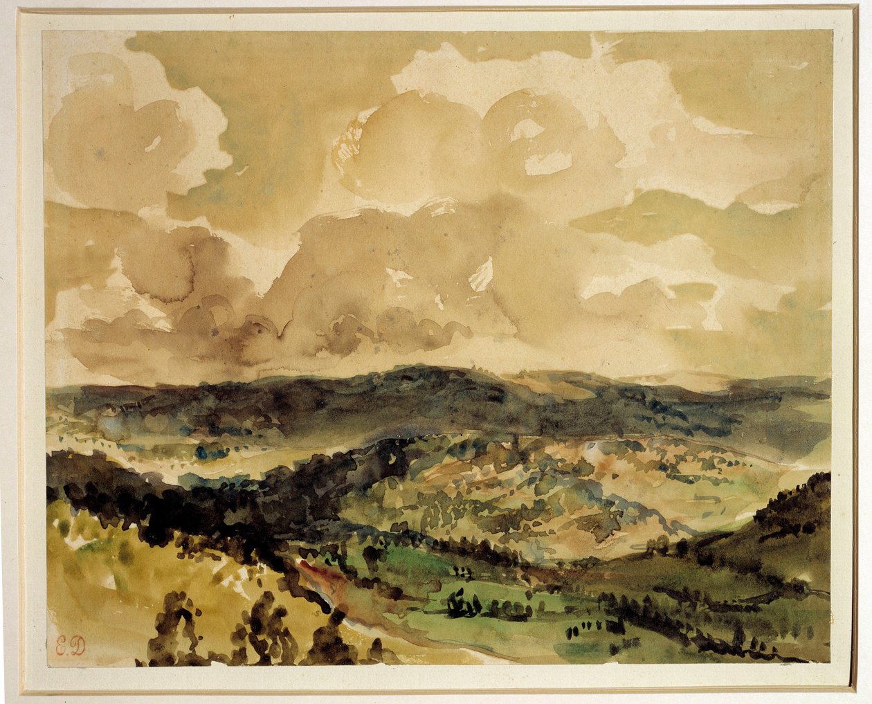Panorámás kilátás a Croze körüli erdős dombokra, Eugene Delacroix akvarellje (1798-1863) 1855 körül V. 0,21 x 0,26 m Párizs. Louvre múzeum alkotó: Ferdinand Victor Eugene Delacroix