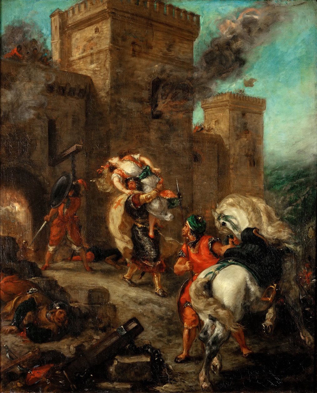 Rebeccát megerőszakolta egy templomos lovag a Frondeboeuf-kastély kifosztása közben alkotó: Ferdinand Victor Eugene Delacroix