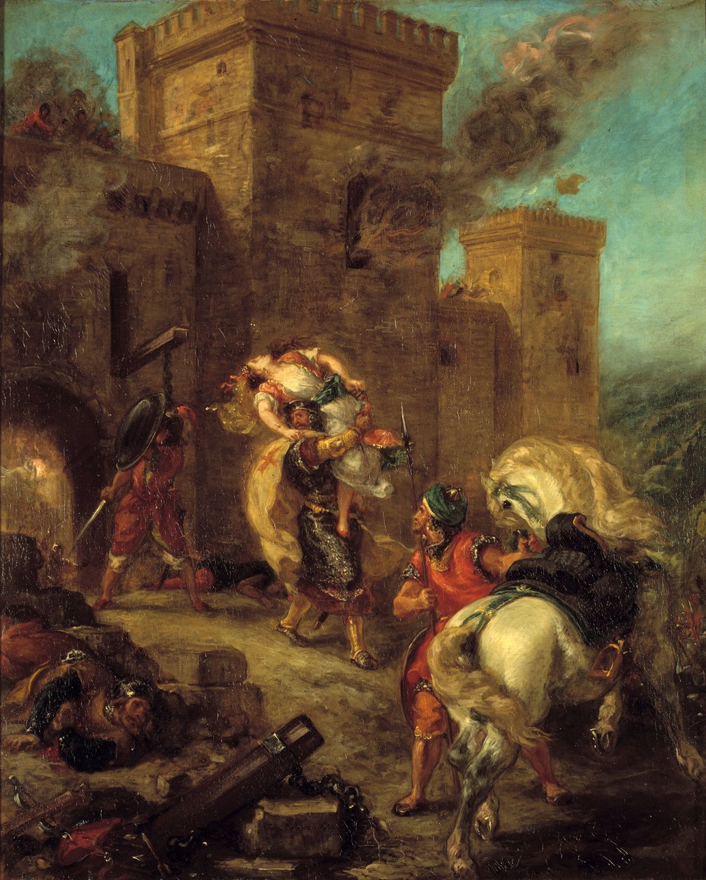 Rebecca felszállt a templomossal Frondeboeuf kastélyának táskájában. Scott Walter „Ivanhoe” című könyvéből. Eugene Delacroix festménye (1798-1863) alkotó: Ferdinand Victor Eugene Delacroix