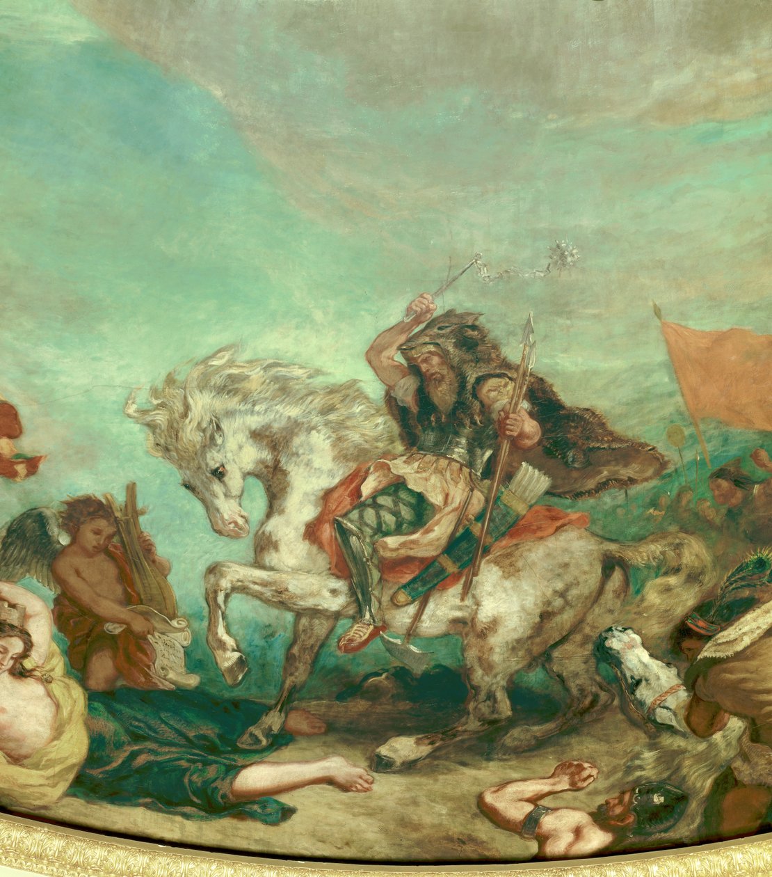 Attila (395-453) a hunok törzsének királyának ábrázolása Eugene Delacroix (1798-1863) freskójának részlete, amely a Nemzetgyűlés könyvtárának kupoláját díszíti (Palais Bourbon) 1843 Párizs alkotó: Ferdinand Victor Eugene Delacroix