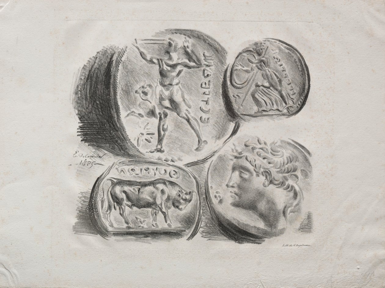 Négy antik érmet tartalmazó lap, 1825. alkotó: Ferdinand Victor Eugene Delacroix