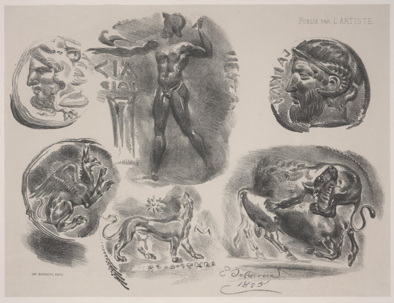 Hat ókori érmet tartalmazó lap alkotó: Ferdinand Victor Eugene Delacroix