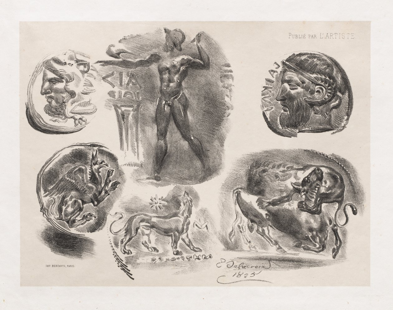 Hat antik érmét tartalmazó lap, 1825. alkotó: Ferdinand Victor Eugene Delacroix
