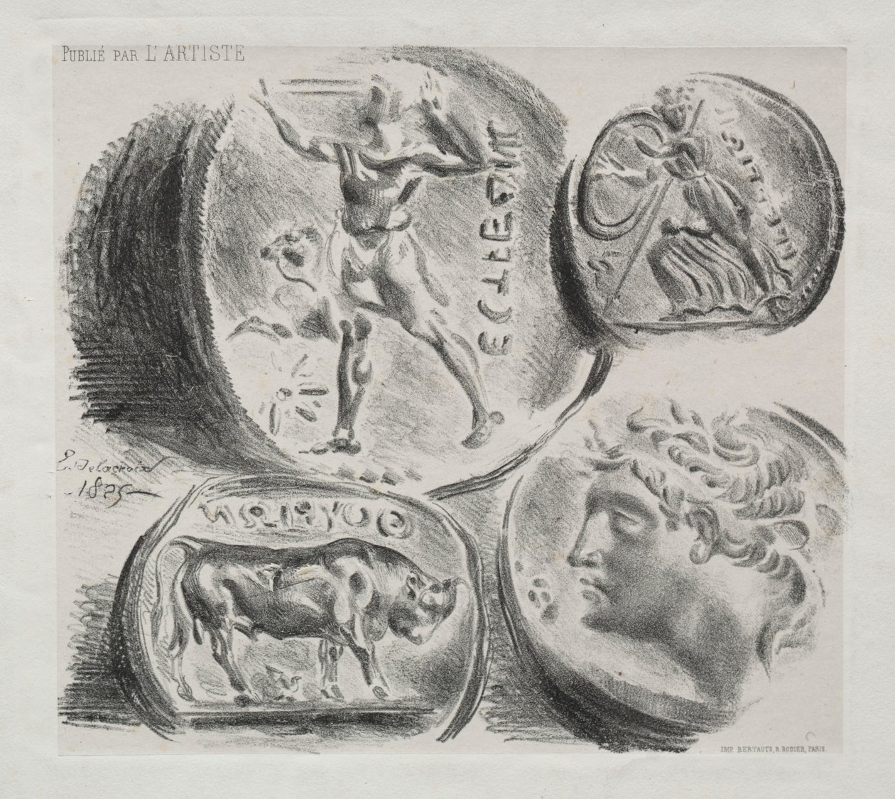 Lap négy antik éremmel, 1825. alkotó: Ferdinand Victor Eugene Delacroix