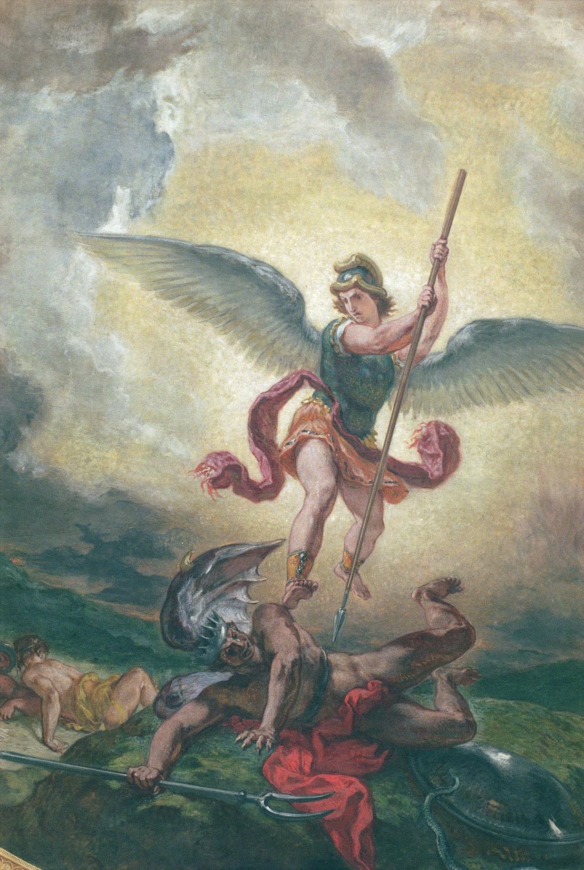 Szent Mihály harcol a sárkánnyal, részlet, chapelle des Saints-Anges 1849-1861 (olaj és viasz gipszre) alkotó: Ferdinand Victor Eugene Delacroix