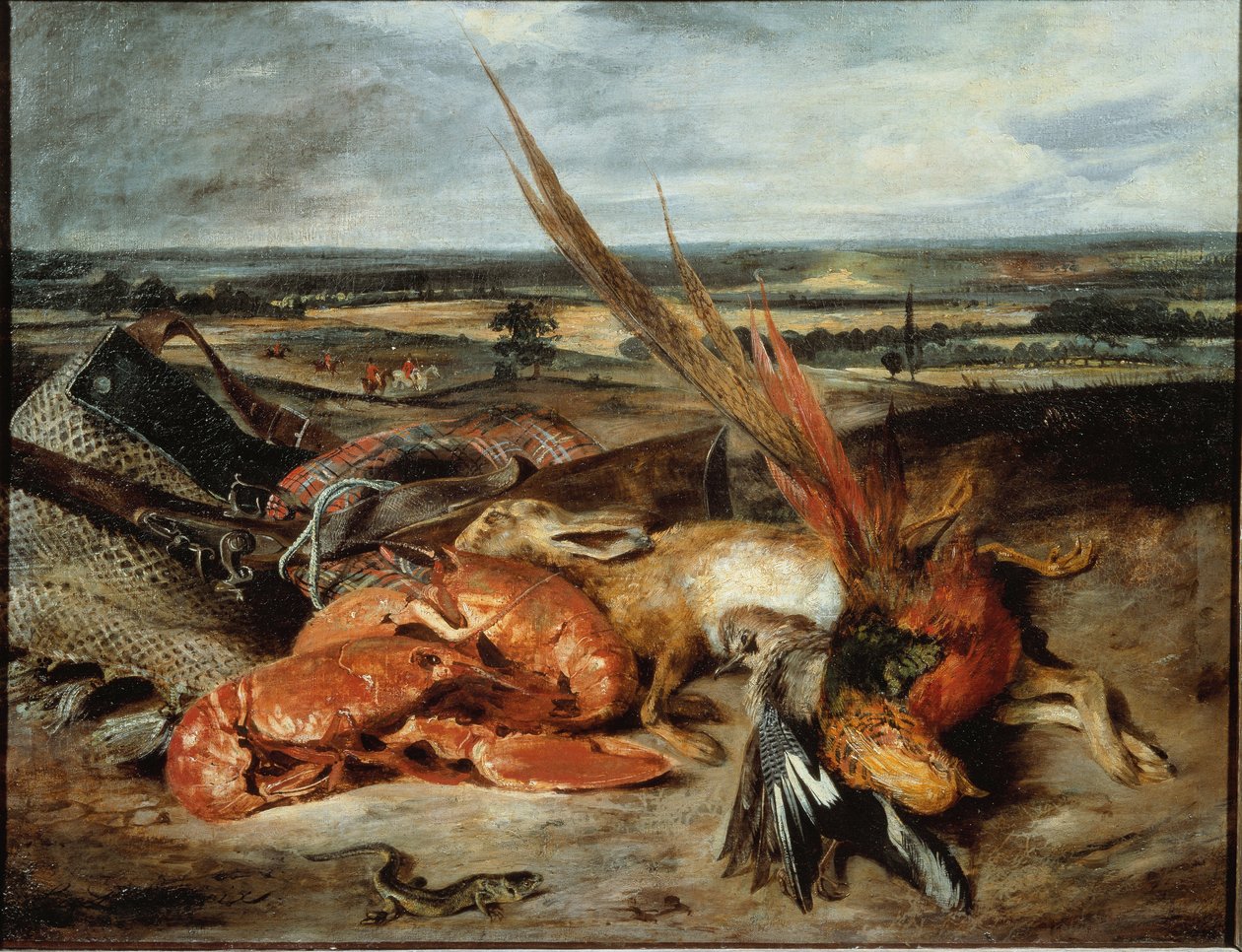Csendélet homárral és vadászati és halászati trófeákkal - olaj, vászon alkotó: Ferdinand Victor Eugene Delacroix