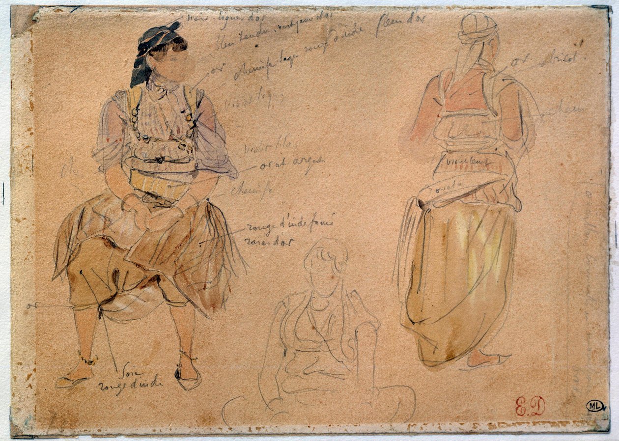 Tanulmányok az arab nőkről Ólombányát rajzol Eugene Delacroix (1798-1863) akvarellekkel, 1832 Párizs, Louvre Múzeum alkotó: Ferdinand Victor Eugene Delacroix