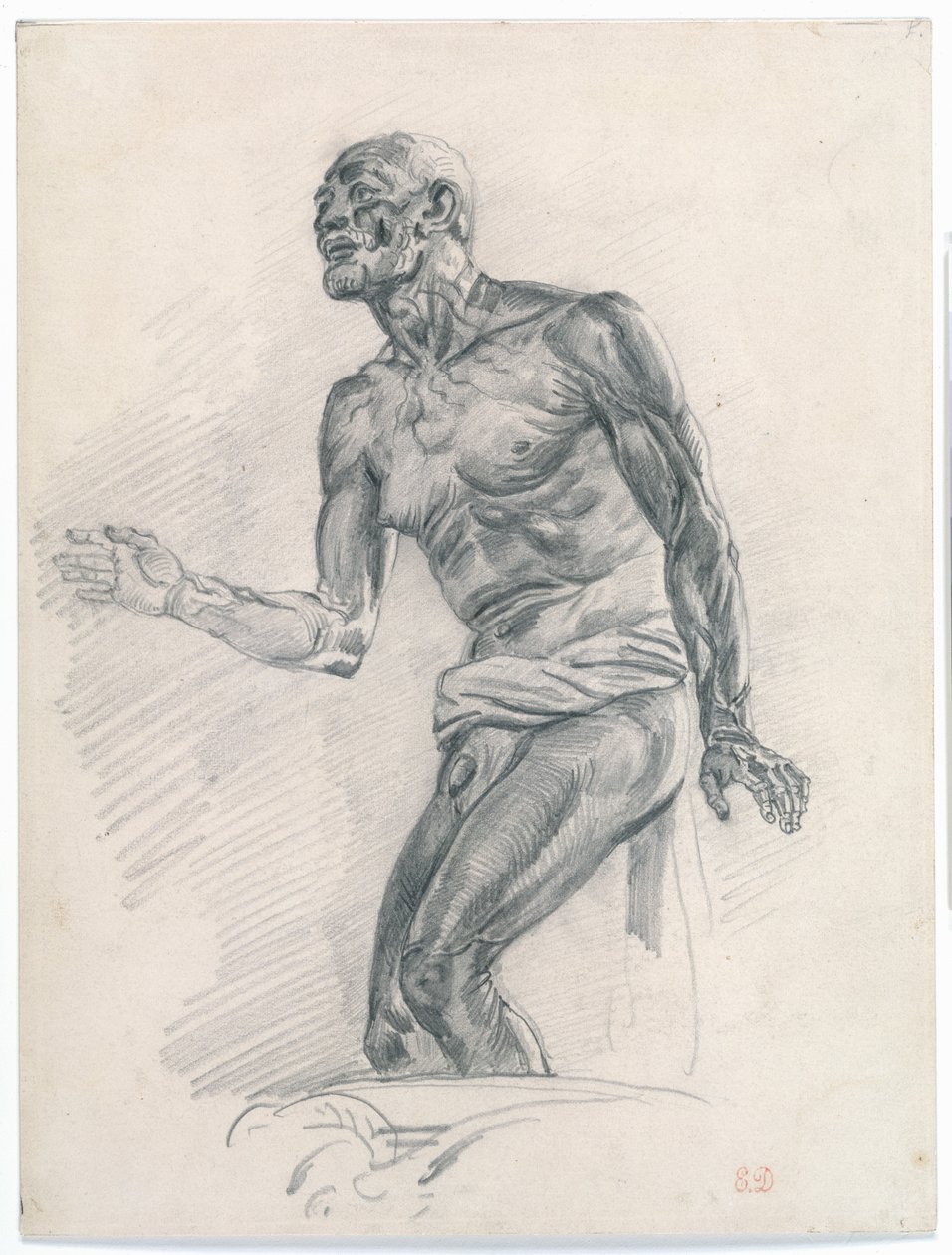 Tanulmány egy férfi aktról: „Seneca halála” című tanulmány 1838–40 (grafit a bivalyos bristoli táblán) alkotó: Ferdinand Victor Eugene Delacroix