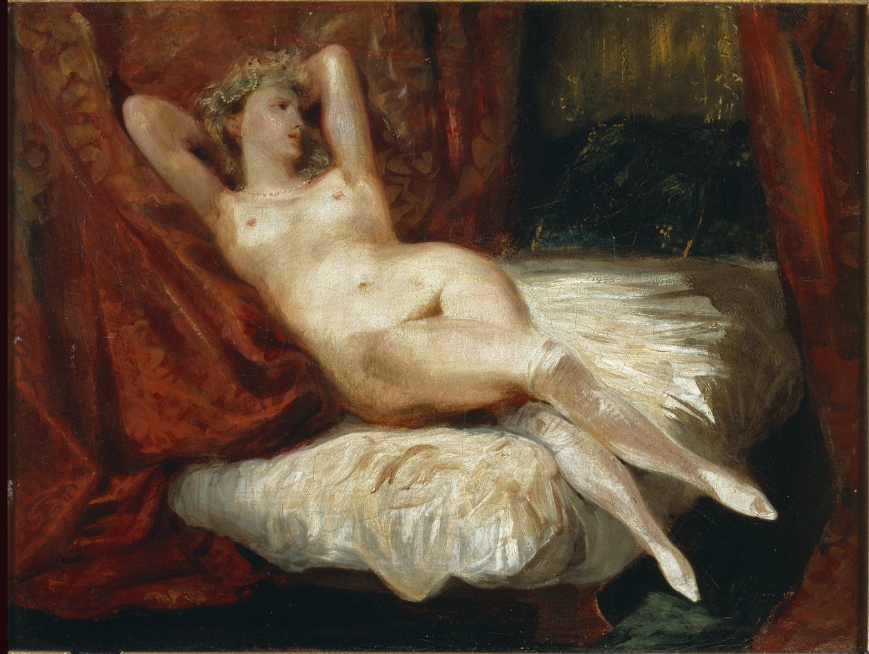 Egy kanapén fekvő meztelen nőről készült tanulmány szerint a fehér harisnyás nő – olaj, vászon alkotó: Ferdinand Victor Eugene Delacroix