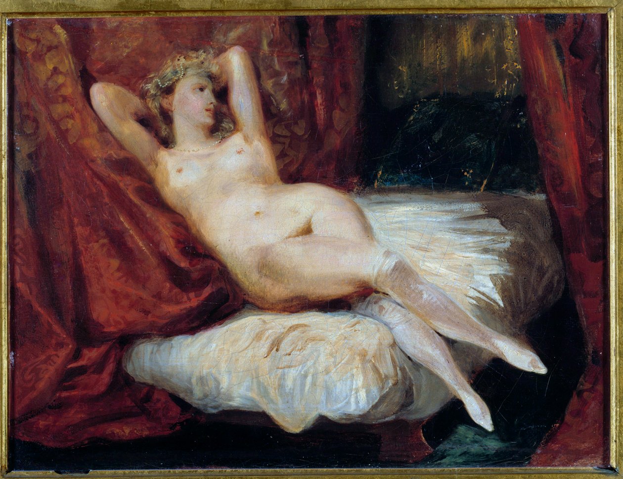 Egy kanapén fekvő meztelen nőről készült tanulmány szerint a fehér harisnyás nő Eugene Delacroix festménye (1798-1863) alkotó: Ferdinand Victor Eugene Delacroix