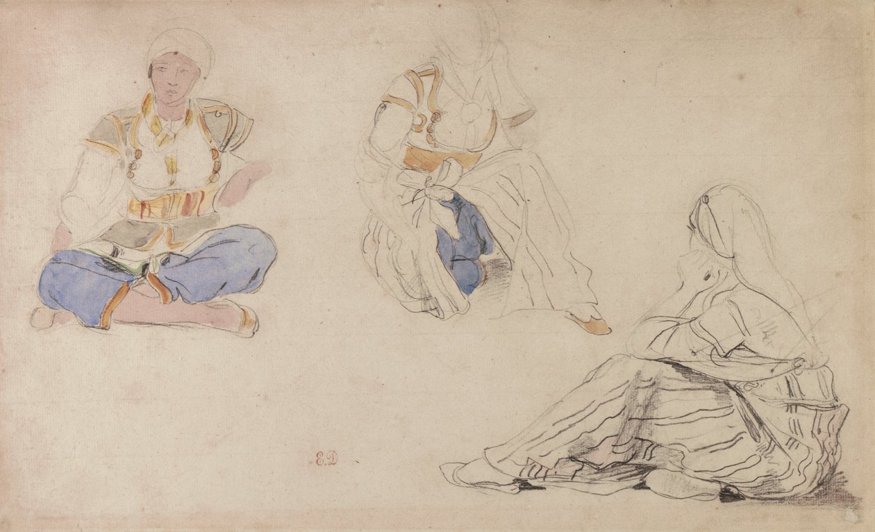 Három tanulmány egy ülő marokkói lányról (fekete ólom és akvarell papíron) alkotó: Ferdinand Victor Eugene Delacroix