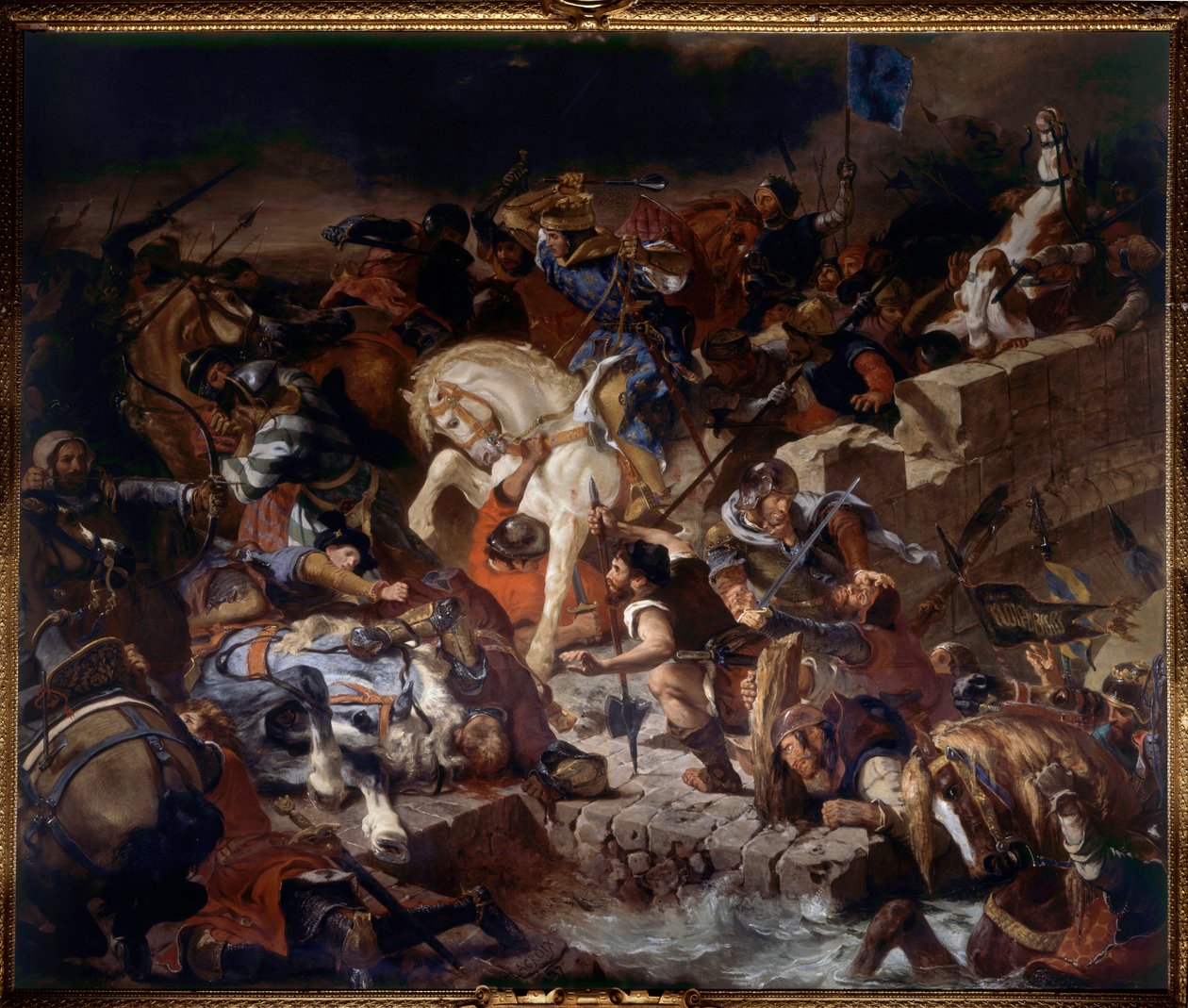 Kilátás a taillebourgi csatára, amelyet Szent Lajos király nyert meg 1242. július 21-én. Csata Szent Lajos francia király capetiai csapatai és vazallusaik lázadói, III. Henrik angol és X. Hugh Lusignan között. Eugene Delacroix festménye (17 alkotó: Ferdinand Victor Eugene Delacroix