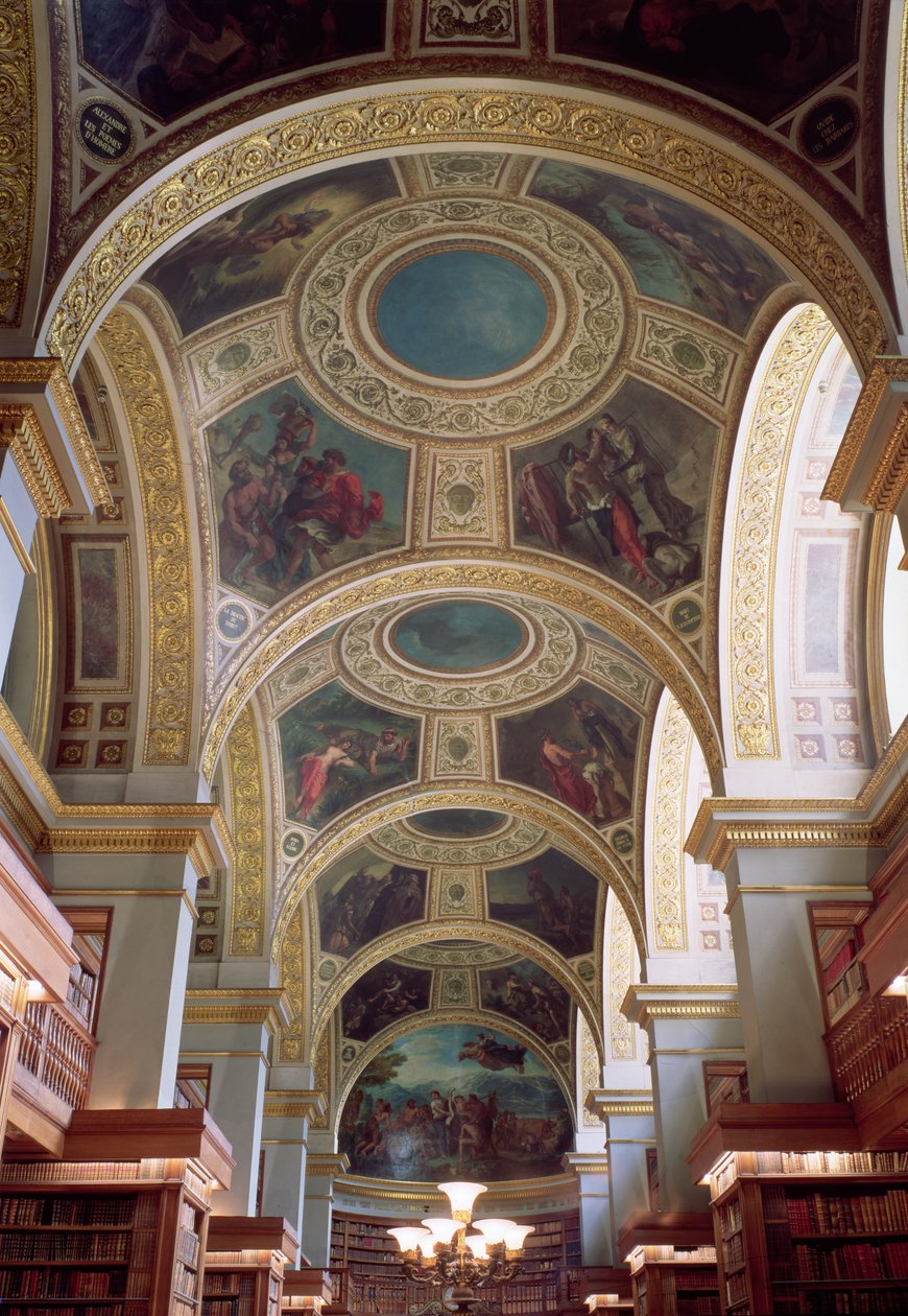 Kilátás a könyvtár kazettás mennyezetére, aranyozott stukkókerettel körülvéve, bibliai és klasszikus jeleneteket illusztráló spandrelek, 1844 alkotó: Ferdinand Victor Eugene Delacroix